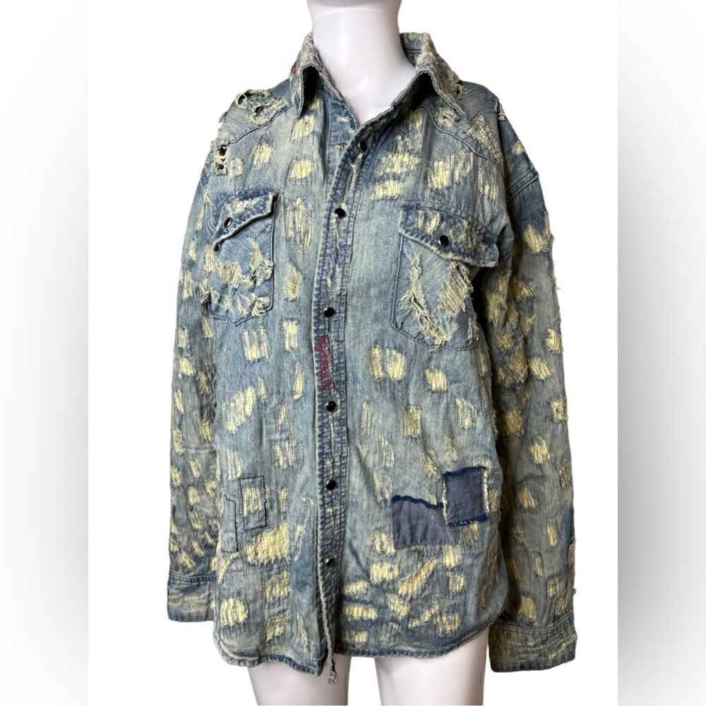 Mostly Heard Rarely Seen Grunge Long Sleeve Button down Shacket Denim Large